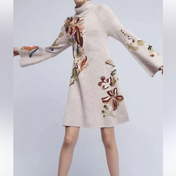 Anthropologie Dresses & Skirts - Anthropologie Knit and Knotted Embroidered Petals Swing Sweater Dress